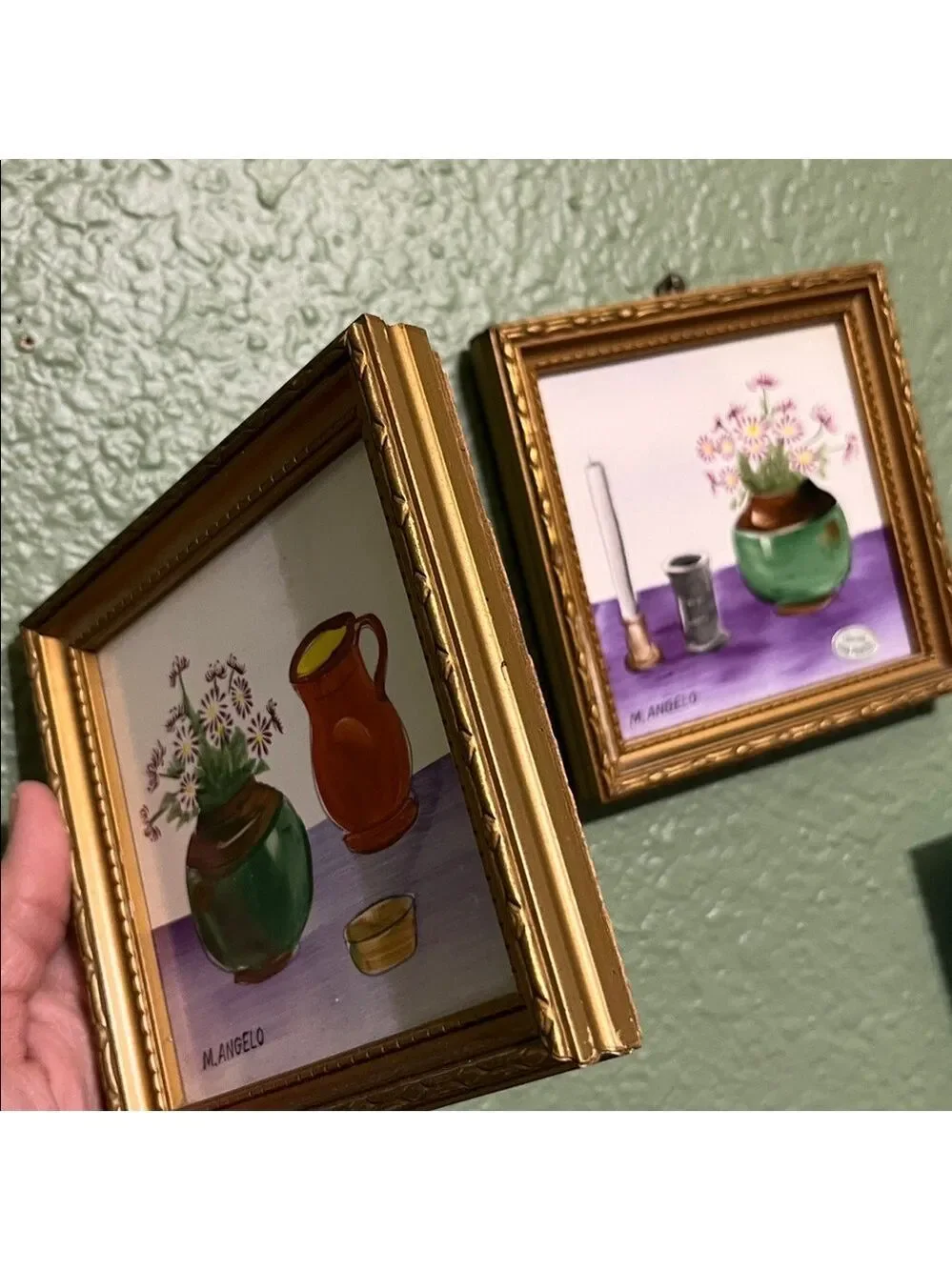 Vintage M Angelo Hand Painted Framed Tile Set Of 2 Japan